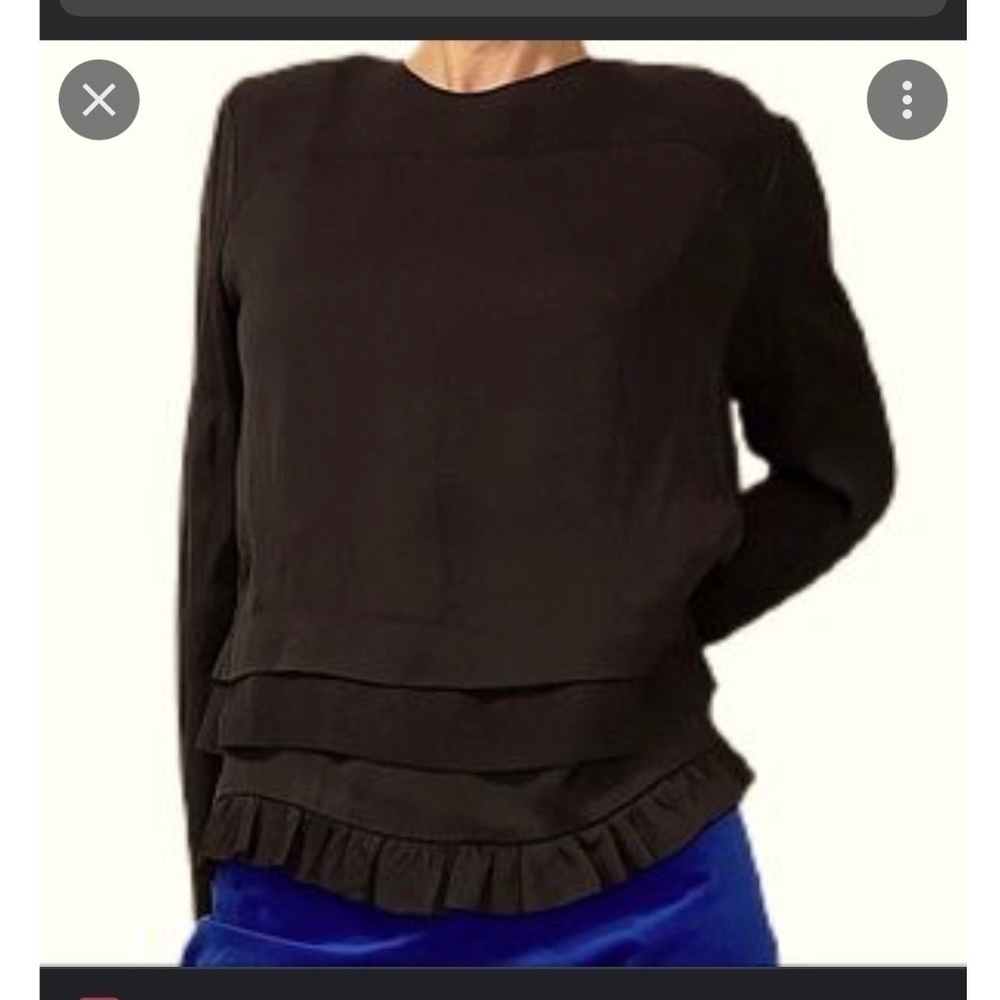 Kate Spade Blouse Long Sleeve Crepe Fabric Top Ruffle Hem Zip Back Black Sz XXS